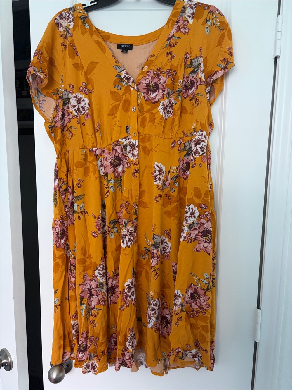Golden Yellow Floral Dress with Buttons